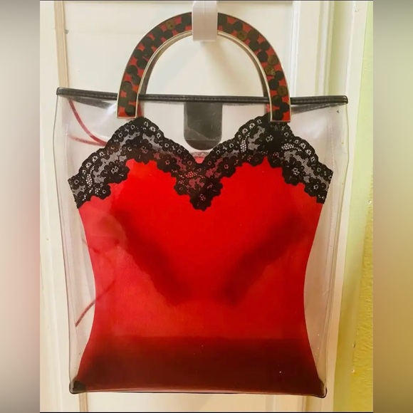 Vtg JOHN GALLIANO Unique Red with Black Lace “Lingerie” Vinyl Handbag - Picture 1 of 6